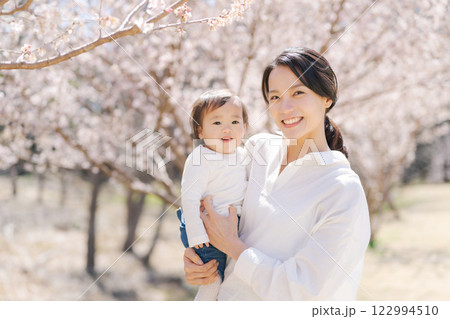 桜の咲く公園で微笑む親子 桜の咲く公園で微笑む親子 122994510