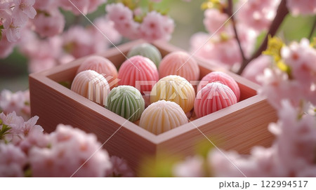 【和菓子】桜の花とカラフルなお饅頭 122994517