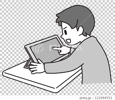 Monochrome illustration of a boy operating a tablet 122994551
