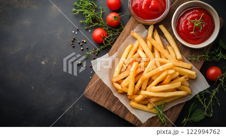 Top view photo of crispy french fries with ketchup and tomato on the wooden board 122994762