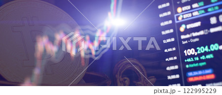 Cryptocurrency trading interface: Bitcoin symbol and financial market analysis 122995229