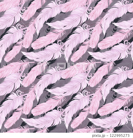 Carnival pink feathers seamless pattern. Hand drawn watercolor illustration isolated dark background. Can be used for textile, fabric, scrapbook and other printed products. Carnival pink feathers seamless pattern. Hand drawn watercolor illustration isolated dark background. Can be used for textile, fabric, scrapbook and other printed products. 122995273