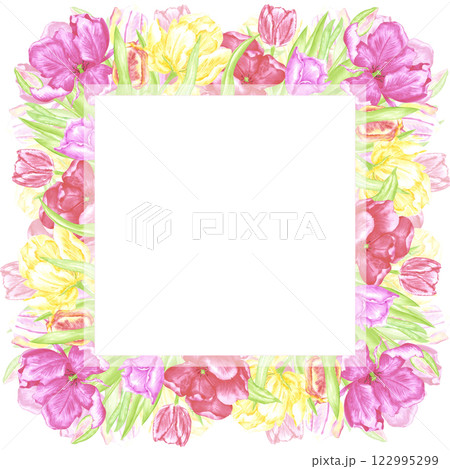 Hand drawn watercolor colorful tulips with green leaves frame border. Illustration of flowers isolated on white background. Can be used for postcard, invitation, scrapbook and other printed products. Hand drawn watercolor colorful tulips with green leaves frame border. Illustration of flowers isolated on white background. Can be used for postcard, invitation, scrapbook and other printed products. 122995299