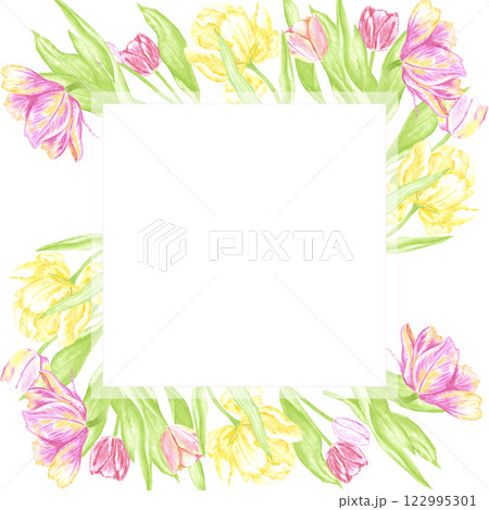 Hand drawn watercolor colorful tulips with green leaves frame border. Illustration of flowers isolated on white background. Can be used for postcard, invitation, scrapbook and other printed products. Hand drawn watercolor colorful tulips with green leaves frame border. Illustration of flowers isolated on white background. Can be used for postcard, invitation, scrapbook and other printed products. 122995301