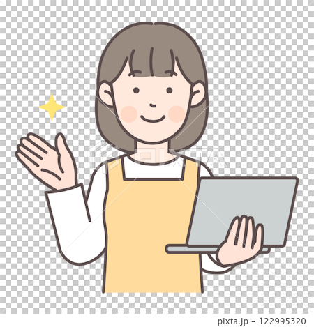 パソコンを持ちながら案内する主婦_黄色 パソコンを持ちながら案内する主婦_黄色 122995320