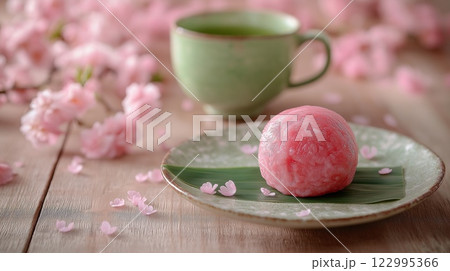 【和菓子】桜の花と餅と紅茶 122995366