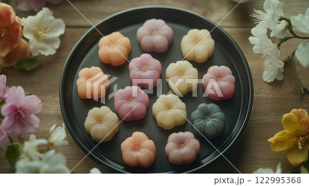 【和菓子】盆に盛ったカラフルなお饅頭 122995368