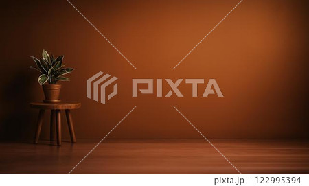 Indoor Plant on Wooden Stand Against Vibrant Red Wall Background Indoor Plant on Wooden Stand Against Vibrant Red Wall Background 122995394