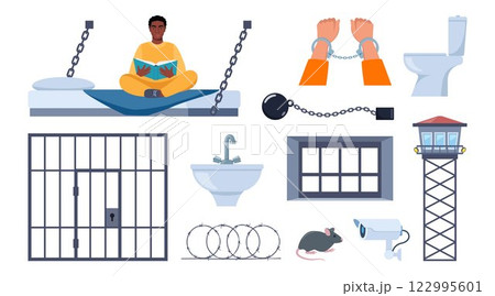 Prison elements. Observation tower, bed, prisoner man, window, prison bars, toilet bowl, sink, jail cell, rat, barbed wire, hands in handcuffs, security camera. Penitentiary system icons. Vector. 122995601