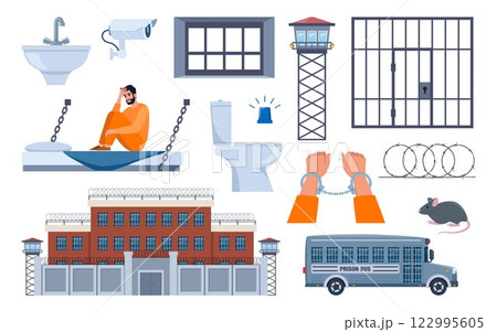 Prison elements. Observation tower, bed, prisoner man, window, prison bars, toilet bowl, sink, jail cell, rat, barbed wire, hands in handcuffs, security camera. Penitentiary system icons. Vector. 122995605