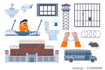 Prison elements. Observation tower, bed, prisoner man, window, prison bars, toilet bowl, sink, jail cell, rat, barbed wire, hands in handcuffs, security camera. Penitentiary system icons. Vector. 122995606