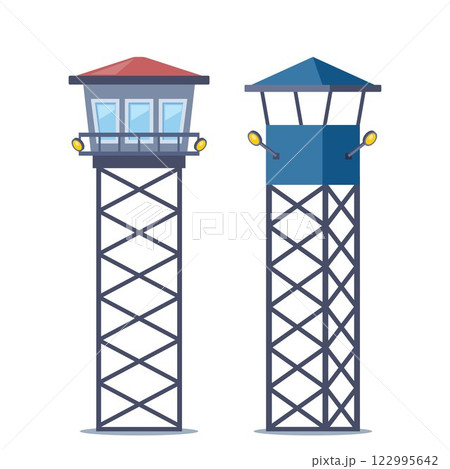Observation tower in prison, army and for safari hunting. Prison tower, checkpoint, protection territory, watchtower, state border, military base. Military camp post. Vector illustration. 122995642