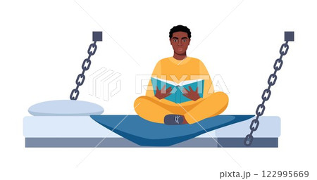 Black man in prisoners cell. Serving time for crime. Violation of law. Guy in orange uniform reading book. Jail interior. Convicted lawbreaker sitting on bed. Vector illustration. Black man in prisoners cell. Serving time for crime. Violation of law. Guy in orange uniform reading book. Jail interior. Convicted lawbreaker sitting on bed. Vector illustration. 122995669