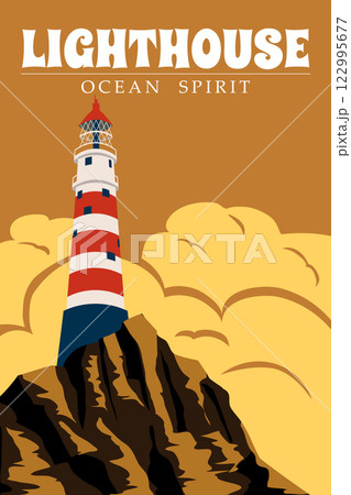 Vintage Poster Lighthouse tower, beacon on seashore ocean 122995677