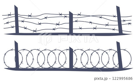 Barbed wire metallic border elements, sharply barb wire fencing. Prison barbed wire. Twisted steel protective barrier with spikes. Design for military, secure object, prison. Vector illustration. 122995686