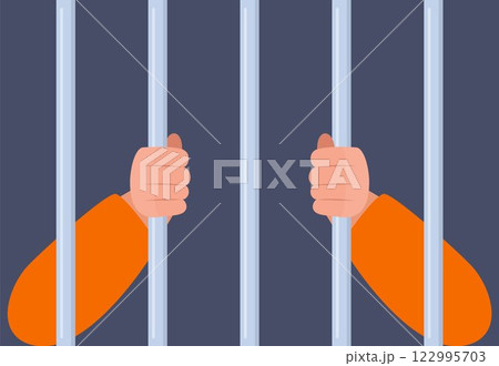 Hands holding prison bars. Human in jail in handcuffs. Arms of male prisoner in handcuffs holding jail bars. Hands of criminal person serve sentence in prison. Arrested guilty man. Vector. 122995703