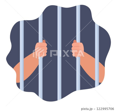 Hands holding prison bars. Human in jail in handcuffs. Arms of male prisoner in handcuffs holding jail bars. Hands of criminal person serve sentence in prison. Arrested guilty man. Vector. Hands holding prison bars. Human in jail in handcuffs. Arms of male prisoner in handcuffs holding jail bars. Hands of criminal person serve sentence in prison. Arrested guilty man. Vector. 122995706