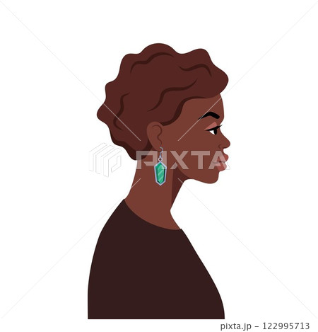 Beautiful black woman side view. Portrait of an elegant lady with Jewelry earring. Vector illustration. Beautiful black woman side view. Portrait of an elegant lady with Jewelry earring. Vector illustration. 122995713