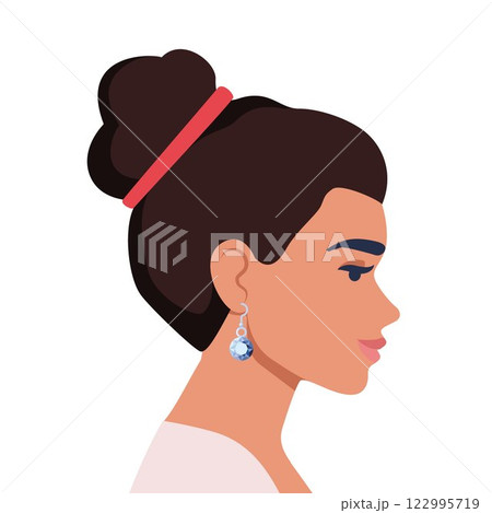 Beautiful woman side view. Portrait of an elegant lady with Jewelry earring. Vector illustration. 122995719