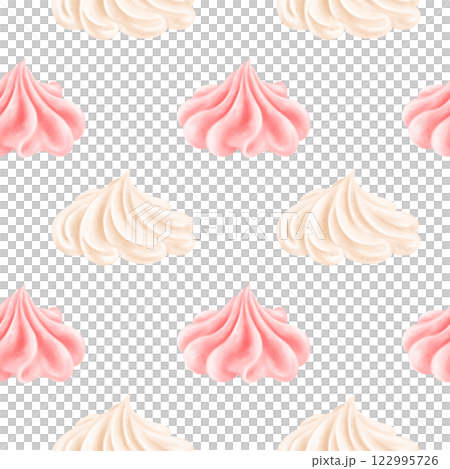 Seamless pattern with pink sweet strawberry cream in the shape of a rose. A delicious meringue dessert. Decor for cakes and pies for holidays and parties. Hand-drawn illustrations, background 122995726