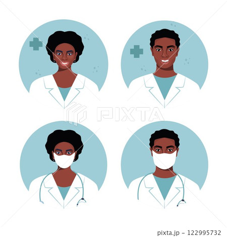 Medicine flat avatars set with black male and female doctors. Medical clinic team. Round icons medical collection, vector illustration. Medicine flat avatars set with black male and female doctors. Medical clinic team. Round icons medical collection, vector illustration. 122995732