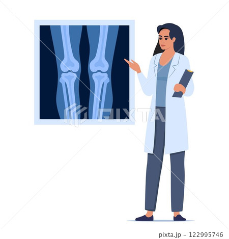 Doctor presenting human xray shot, gives a training lecture about anatomy. Xray of human knees bones and joints. Medical seminar, lecture. Vector illustration. 122995746