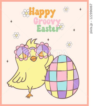 Cute Happy Groovy Easter bunny with retro disco egg Playful cartoon doodle animal hand drawing. 122996067