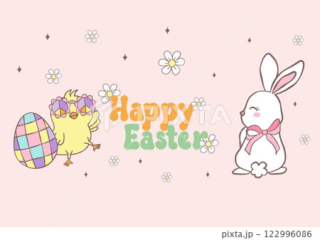 Groovy Easter Chicks with Retro Easter eggs banner. Playful cartoon doodle animal character hand drawing. Groovy Easter Chicks with Retro Easter eggs banner. Playful cartoon doodle animal character hand drawing. 122996086