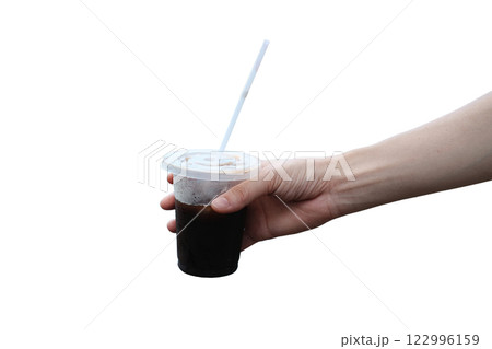 Close up woman hand holding a plastic glass Iced black coffee isolated on white background Close up woman hand holding a plastic glass Iced black coffee isolated on white background 122996159