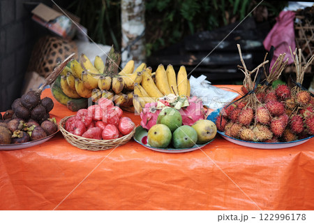 Fresh vibrant display fruits in local outdoor market of Asian 122996178