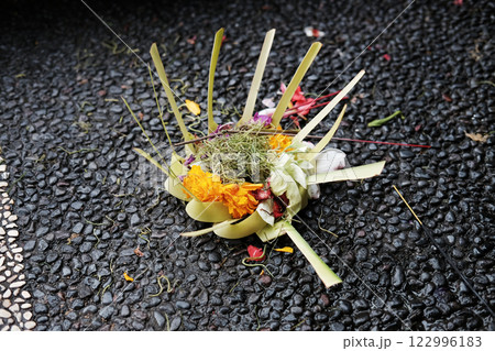 Banana leaf basketry small basket for worship to god and belief of Hindu in Bali, Indonesia 122996183