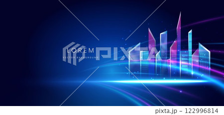 Futuristic glowing night cityscape on dark blue background with lighting effect and sparkle. City landscape. 122996814