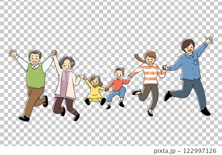 一個三代家庭跳躍和玩樂的彩色插圖 122997126