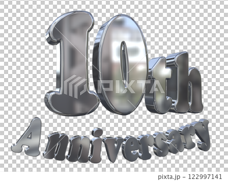 3DCG 字母“10 週年/10 週年紀念閃光”銀色，銀色 122997141