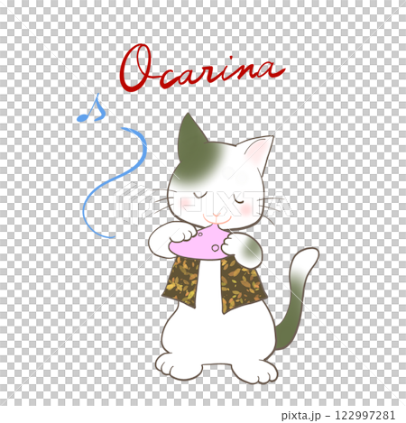 一隻貓在吹奏陶笛的插圖 122997281