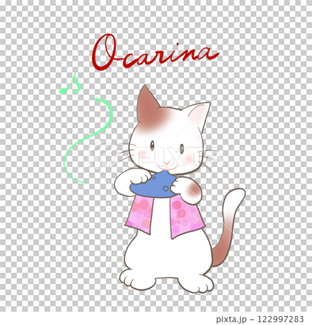Illustration of a cat playing an ocarina 122997283