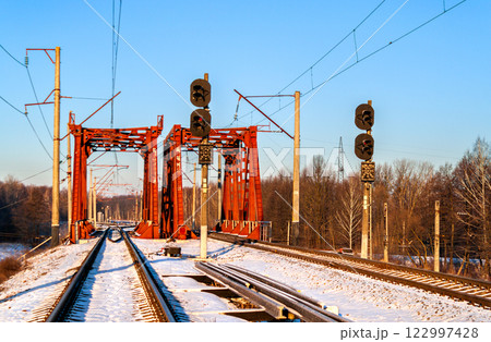 Railway tracks, signals and bridges at Korosten station in Zhytomyr Oblast, northern Ukraine Railway tracks, signals and bridges at Korosten station in Zhytomyr Oblast, northern Ukraine 122997428