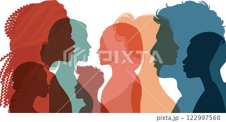 Silhouette profile group of men and women of diverse culture. Diversity equality inclusion. DEIB. Multicultural. Crowd of people Silhouette profile group of men and women of diverse culture. Diversity equality inclusion. DEIB. Multicultural. Crowd of people 122997568