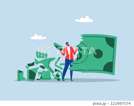 Investment in Financial Crisis,businessman holding big dollar banknote money while loss, crumble and reduce in value.Lose money investment in financial crisis concept 122997574