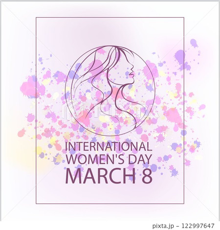 March 8 International Women's Day Celebration with Colorful Pastel Splashes and Women's Profile Silhouette 122997647
