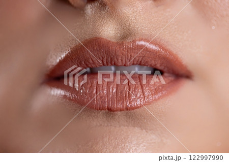 A closeup of glossy lips with nude color that enhances their natural beauty attractively 122997990