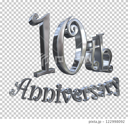 3DCG 字母“10 週年/10 週年紀念閃光”銀色，銀色 122998092