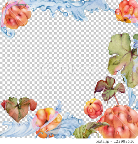 Cloudberry raspberry flying in wave water splashes with drops, hand drawn in watercolor, ripe red forest berry and leaves. Square frame illustration for restaurant, cafe menu, wedding, farmers market 122998516