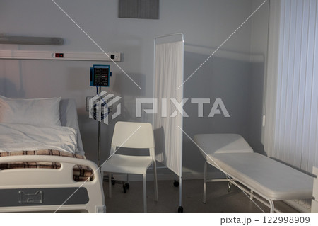 A Clean Hospital Room Equipped with a Bed Alongside Various Medical Equipment for Patients 122998909