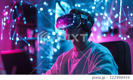 A man wears digital glasses and gazes at a holographic display. Futuristic technology and innovation. Generative AI. 122999459