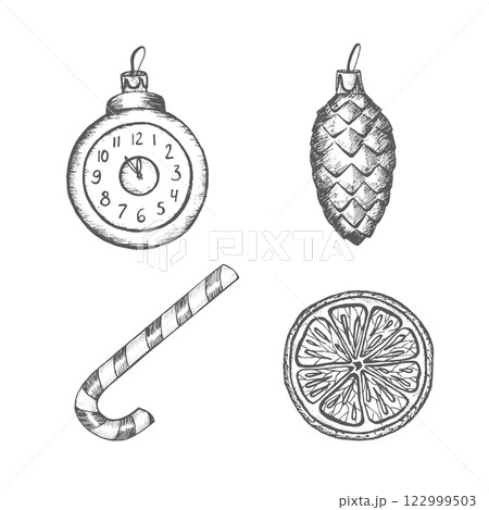 Vector set with glass cone and clock, candy cane, orange, mandarin. Christmas tree decorations. Graphics illustration on white background shape. Perfect for New Year composition, wrapping paper, gift Vector set with glass cone and clock, candy cane, orange, mandarin. Christmas tree decorations. Graphics illustration on white background shape. Perfect for New Year composition, wrapping paper, gift 122999503