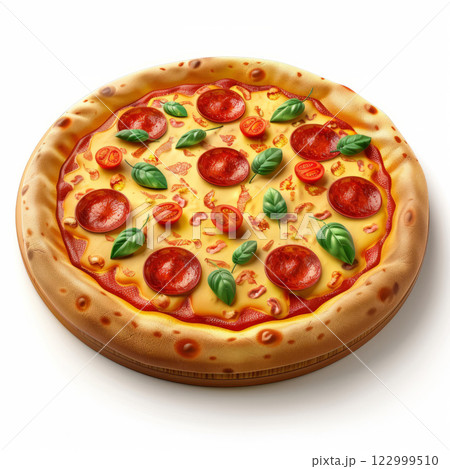 Delicious pepperoni pizza with fresh basil on a white background. 122999510