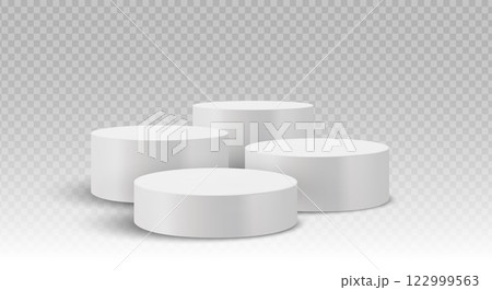 Four cylindrical podiums arranged in a staggered layout on a transparent background. Stage showcase platforms vector. Four cylindrical podiums arranged in a staggered layout on a transparent background. Stage showcase platforms vector. 122999563