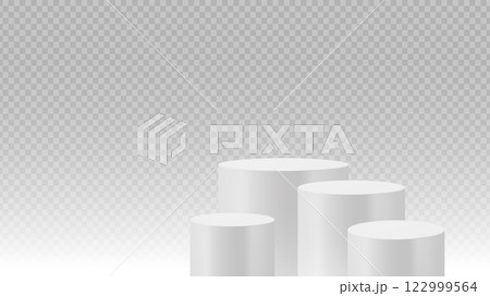 Four white cylindrical podiums in varied heights on a transparent background. Stage showcase platform vector. Four white cylindrical podiums in varied heights on a transparent background. Stage showcase platform vector. 122999564