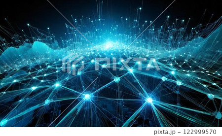 ビッグデータ、ITネットワーク、サイバー空間などのデジタルな世界をイメージした3DCGイラスト 122999570